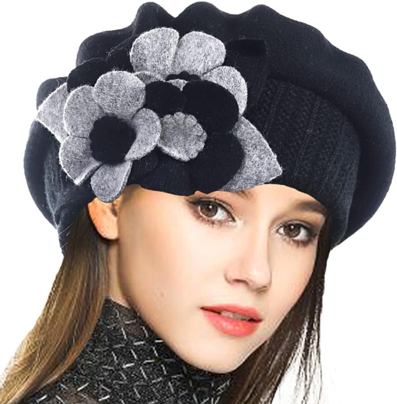 VECRY Lady French Beret 100% Wool Beret Floral Dress Beanie Winter Hat - Image 1